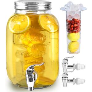 1 Gallon Glass Drink Dispensers for Parties, Large Beverage and Water Dispenser, Lemonade Dispenser, Sun Tea Glass Jar for Outside, With a Fruit Infuser, Two Spigots (PP Spigots)