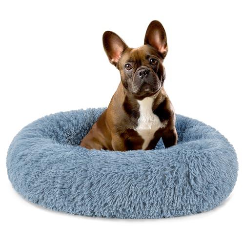 PetAmi Calming Dog Bed for Small Medium Dog Cat, Round Donut Washable, Fluffy Faux Fur Plush Cuddler Pet Kitten Cushion, Anti-Slip, Fits up to 25 lbs, 23 inch, Dusty Blue