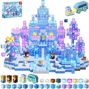 200 PCS Magnetic Blocks, Light Up & Transparent Magnetic Building Block for Blue Snow Princess Castle, Magnet Cubes Frozen Toys for Girls Age 3 4-8 8-12 Birthdays Gift for Kids