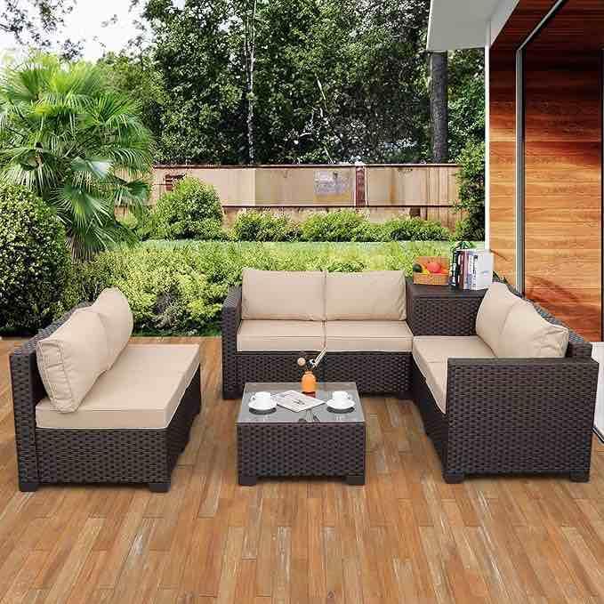 DSF6-ZCBZ003. BROWN WICKER CHAIR CORNER SOFA AND TABLE