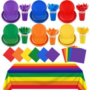 169 Pieces Rainbow Party Supplies Disposable Dinnerware Set Include Plates and Cups Napkins Plastic Forks Knives Spoons Tablecloth for Wedding Birthday Party Decorations, Serve 24 Guests