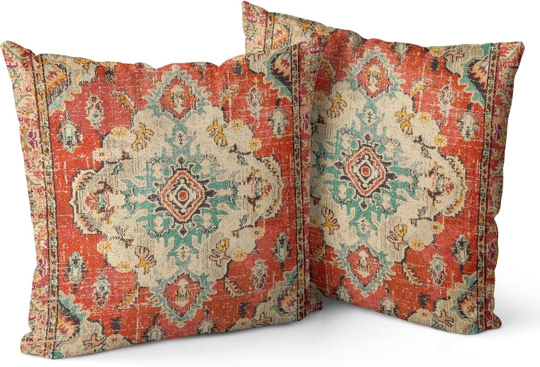 Boho Pillow Covers 18"x18" Set of 2 Monaco Orange Bohemian Carpet Double Sided Pattern Linen Pillowcases Cushion Cover for Farmhouse Couch Sofa Bed Decorative, Only Pillowcase