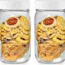 Wide Mouth Mason Jars 32 oz - (2 Pack) - Wide Mouth 32-Ounces Quart Mason Jars with White M.E.M Food Storage Plastic Lids - For Storage, Canning, Freezing, Leak Proof, Microwave & Diswasher Safe