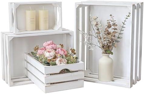 JUMBO HUMBLE Set of 4 Large Wooden Decorative Storage Crates, Whitewashed Nesting Wooden Crates for Display Rustic, Farmhouse Wood Storage Container Boxes Made from 100% Wood