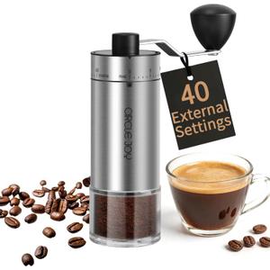 CIRCLE JOY Mini Manual Coffee Grinder with 40 External Adjustable Settings and Ceramic Conical Burr, Portable Stainless Steel Hand Coffee Grinder for Home and Travel (Silver)