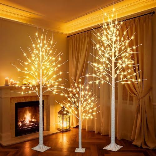 iBaycon 4FT 6FT and 8FT Birch Trees, Set of 3 Lighted Birch Tree LED Artificial Tree with 8 Modes Timer, Prelit Light Up Trees for Indoor and Outdoor Party Holiday Christmas Decorations