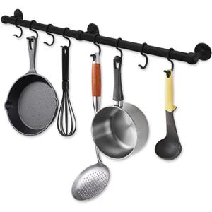 ROTHLEY Hanging Pot Rack Hanger: 23.7 Inch Stainless Steel Pot and Pan Hanger Pot Rack Wall Mounted Hanging Pots and Pans Rack Pot Hangers for Kitchen Wall Kitchen Rail with HooksMatt Black