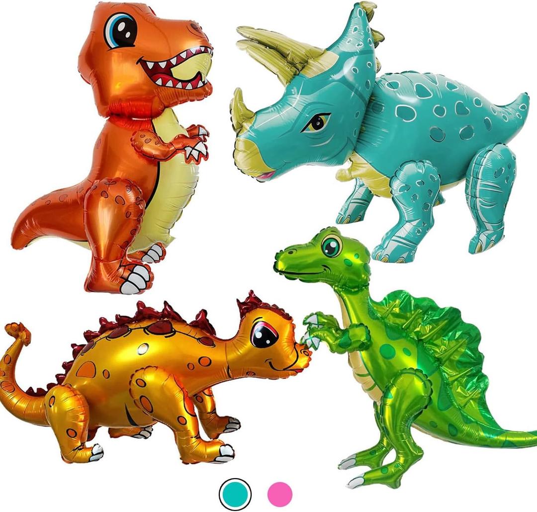 Giant 3D Dinosaur Balloon for Birthday Party Decorations, Cute Self Standing Dino Balloons, Aluminium Foil Balloons for Birthday Party Supplies Decor (4pack Dino) (Blue)