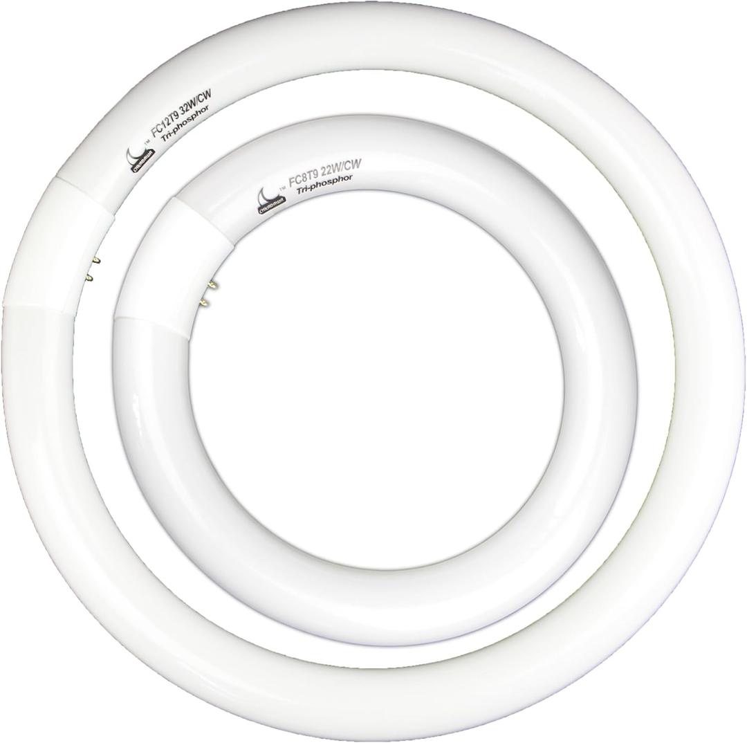 FC8T9/CW 22W and FC12T9/CW 32W Cool White Round Fluorescent Light Bulb Set, 8 inch T9 22 Watts & 12 inch 32 Watts Circular Bulbs Pack, Circline Kitchen and Bath Light Bulbs, CRI 80, 4100K, G10q Prong