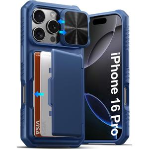 ATATOO for iPhone 16 Pro Wallet Case, Built-in Card Holder (3-5 Cards) & Slide Camera Cover & RFID Blocking, Military Grade Protection, Rugged Shockproof Phone Case for iPhone 16 Pro 6.3", Blue