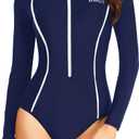 Daci Women Long Sleeve Rash Guard One Piece Zipper Swimsuit Surfing Bathing Suit UPF 50 (Small, Navy Blue 2)