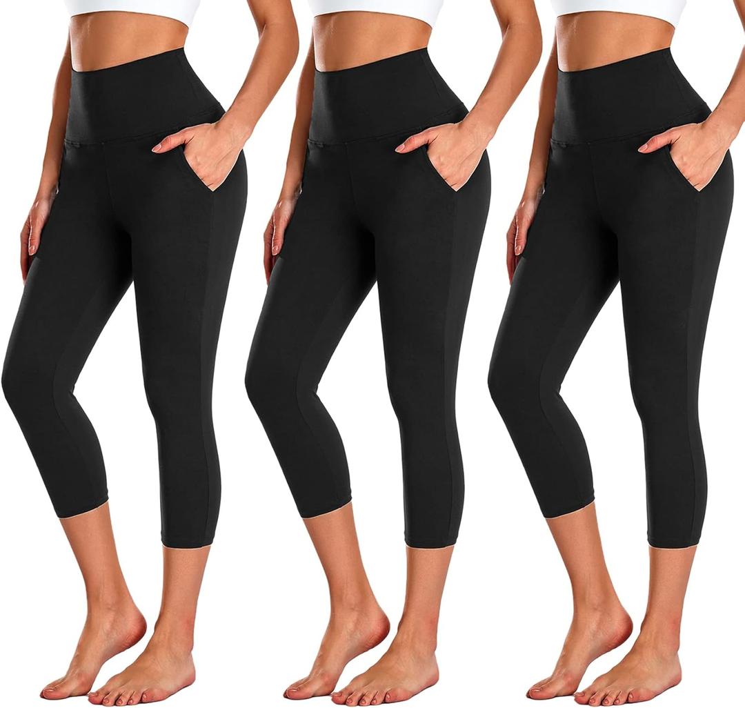 NEW YOUNG 3 Pack Capri Leggings for Women with Pockets-High Waisted Tummy Control Workout Gym Yoga Pants (Black, XXL)