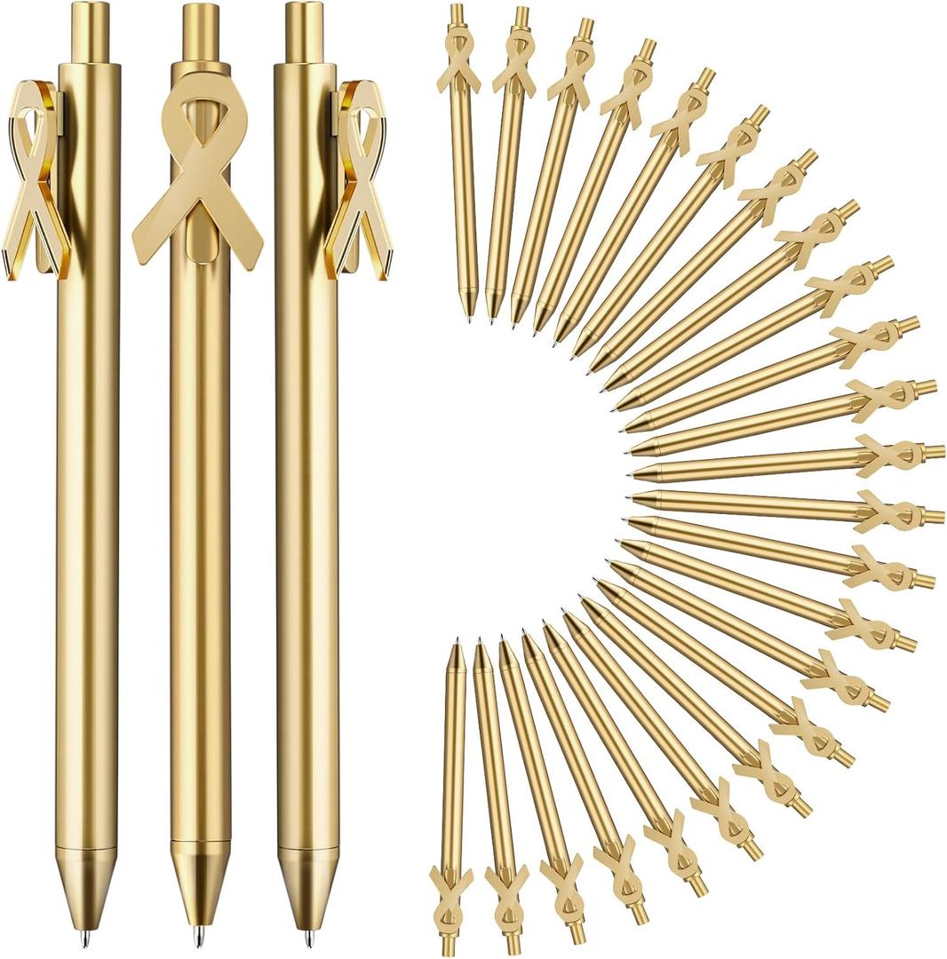 30 Pcs Childhood Cancer Awareness Pens Bulk Gold Ribbon Slim Ballpoint Pen Retractable Black Ink Children Cancers Month Items Gifts for Childhood Public Charity Fundraising Party Decorating
