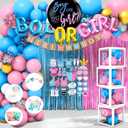 191pcs Pink Blue Gender Reveal Decorations, Boy or Girl Gender Reveal with Balloon Arch Kit, Baby Boxes, Fringe Curtains, Photo Props, Cake Copper