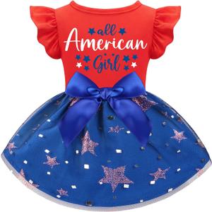 Dog 4th of July Outfit Adorable Ruffle Dog Dress with Elegant Bowknot Tulle Patriotic Puppy Clothes for Dogs Cats Boys Girls Pets, Large 