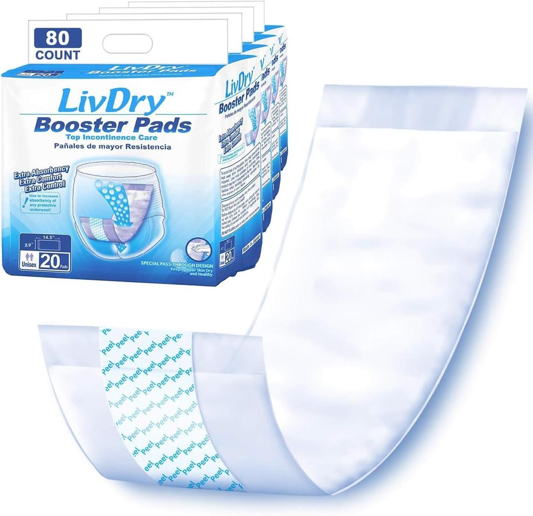 LivDry Incontinence Booster Pads, Use with Adult Diapers for Women and Men, Extra Comfort Softness, Disposable Pad (80 Count, Regular Length)