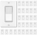 BESTTEN 30 Pack Single Pole Decorator Light Switch, Rocker Paddle Wall Switch, On/Off Interrupter, w/Wall Plate, 15A 120/277V, UL Listed, White