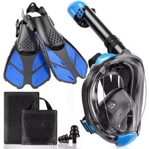 Mask Fins Snorkeling Gear for Adults, Full Face Snorkel Mask & Adjustable Swim Fins Snorkel Set, Panoramic View Snorkel Mask Dry Top Anti-Fog Anti-Leak (Black Blue)