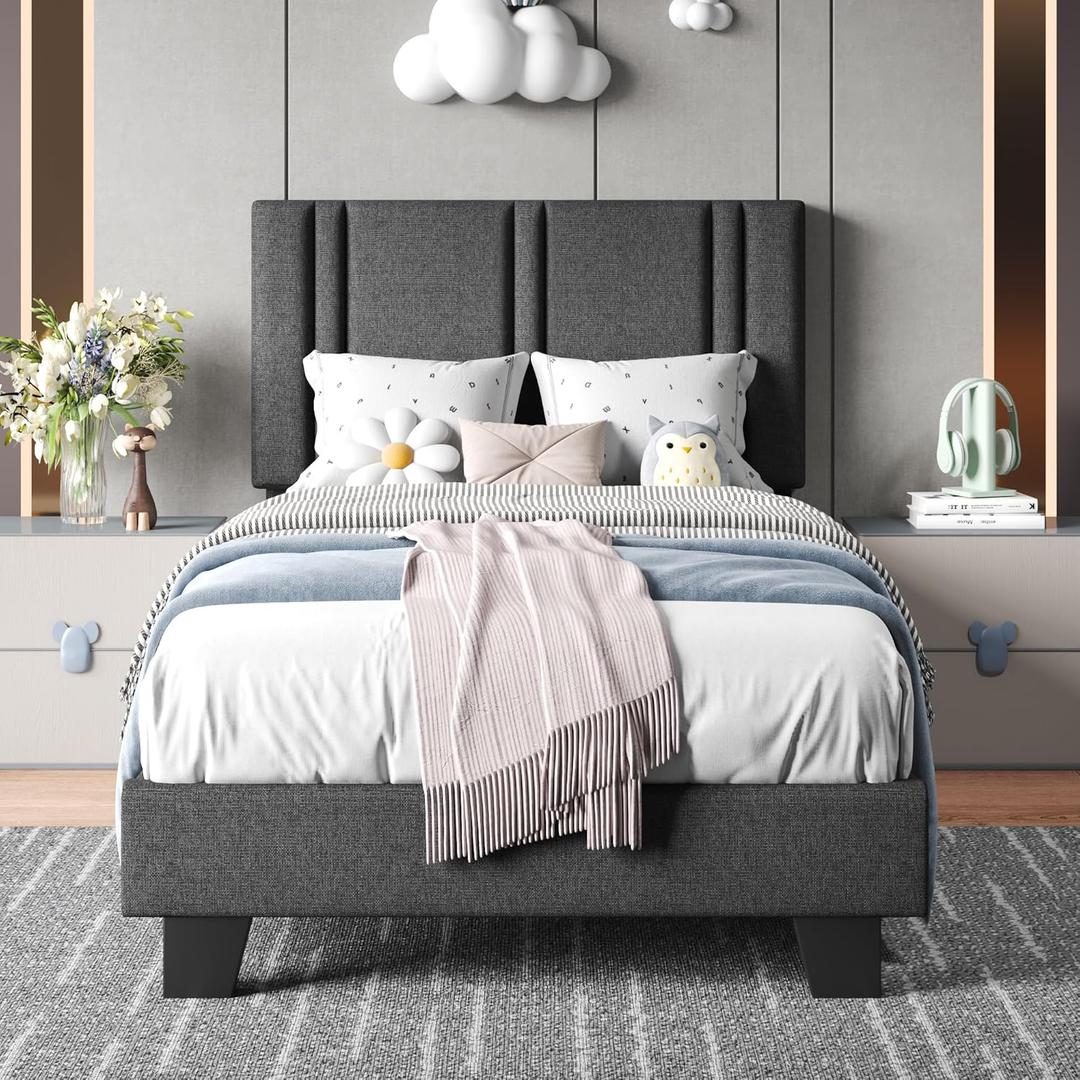 Einhomn Upholstered Twin Size Bed Frame with Linen Fabric Headboard, Strong Wooden Slats Support, Noise Free, No Box Spring Needed, Dark Grey