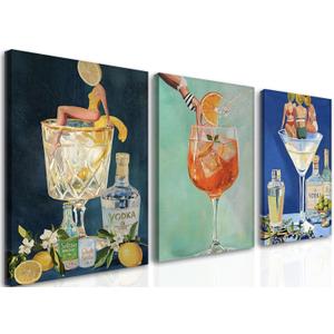 Vintage Cocktail Canvas Wall Art Set of 3, Retro Dirty Martini Bar Cart Wall Decor Paintings, Preppy Alcohol Aesthetic Posters Prints Pictures for Bar College Girls Apartment Dorm 12x16 Inch Framed
