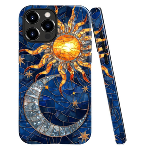 Case for iPhone 14 Pro Max - Slim Fit Anti-Scratch Phone Case for Girl Women - Celestial Sun Moon Star Blue Glass (Glossy)