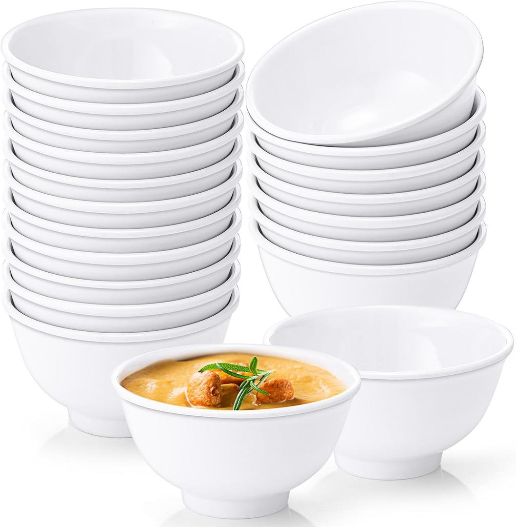 Tioncy 20 Pack Melamine Bowl Set 10 oz White Soup Bowls Set All Purpose Soup Salad Dessert Bowls Round Unbreakable Durable, Dishwasher Safe, Ideal for Weddings Everyday Meals