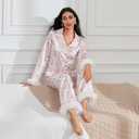 iTranyee Women Christmas 2 Piece Pajamas Set Feather Trim Long Sleeve Button Down Shirt Pants Outfits Silk Satin Lounge Set (Large, White)