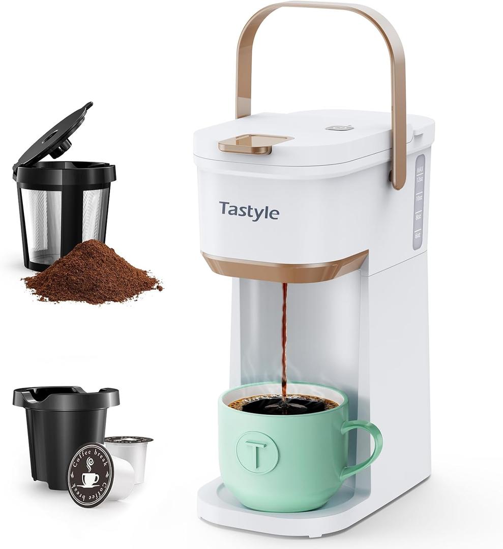 Tastyle Single Serve One Cup Coffee Maker, for K Cups and Grounds, Mini Coffee Maker with Portable Handle, 6 to 12 Oz Brew Size, for Travel, Camping, Office, RV and Dorm, 120V, White and Brown