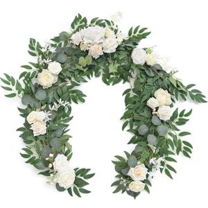 Ling's Moment Flower Garland - 6FT Eucalyptus & Rose - Sweetheart Table Decor for Wedding Reception, Artificial Floral Garland for Mantle, Spring Garden Ceremony, Christmas Decoration, Ivory White