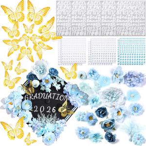 Hoteam DIY Graduation Cap Decorations Kit Included Faux Flowers 3D Butterfly Self Adhesive Rhinestones Glitter Alphabet Letter Stickers for 2026 Grad Cap Topper Party Gifts Decor(Blue)