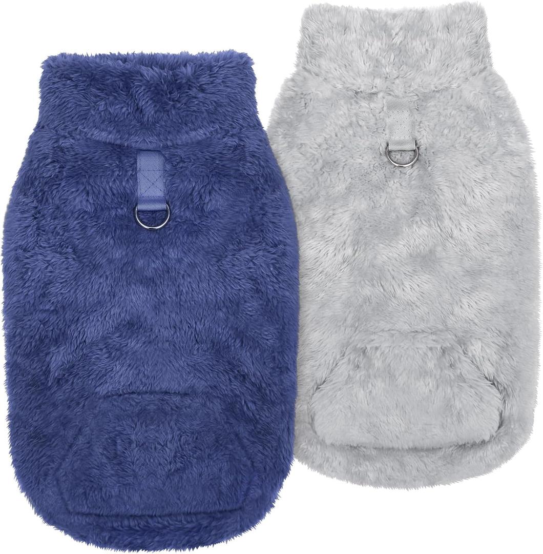 Idepet Fleece Dog Sweater Vest 2 Pack, Small Dog Clothes Sleeveless with Leash Ring and Pocket, Warm Puppy Sweatshirt Pet Cold Weather Pullover for Cats (Grey+Navy, Large)