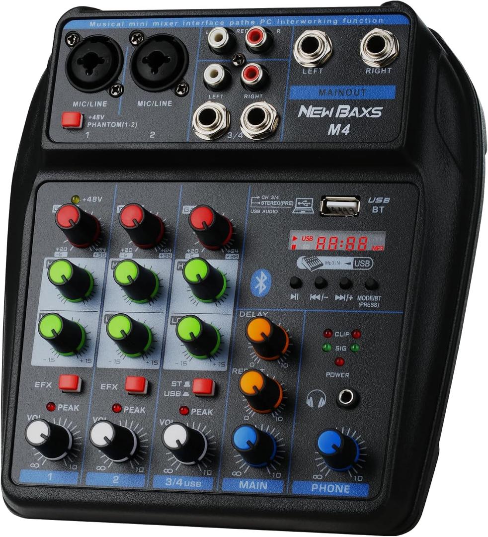 DJ Audio Mixer, DJ Mixers 4 Channel Sound Board with Bluetooth, NEW BAXS Sound Mixer Board XLR/1/4" Interface, USB/MP3 Computer Input 48V Phantom Power Stereo DJ Studio Streaming KTV Stage