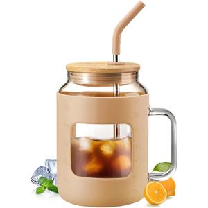 50 oz Glass Water Bottles with Silicone Sleeve,Glass Tumbler with Lid and Straw,Iced Coffee Cup with Handle,BPA Free-Amber