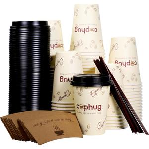12 oz Disposable Coffee Cups with Lids, Sleeves and Straws 100Pack, Thickened Leak-Proof Insulated Paper Cups for Hot Drinks, Home, Office, Cafe, Party