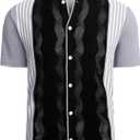 Mens Knit Striped Button Down Shirt Vintage Casual Short Sleeve Old Money Fashion Breathable Top (Black, XL)