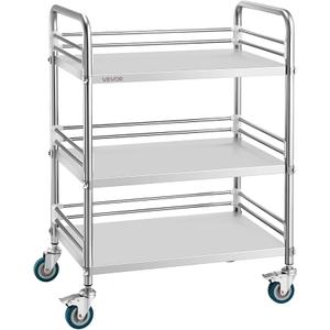 VEVOR Stainless Steel Rolling Cart, 3-Tier Metal Utility Cart with Lockable Wheels, Medical Serving Trolley Clinic Tray, Mobile Service Cart for Hospital, Lab, Restaurant, Kitchen, Salon