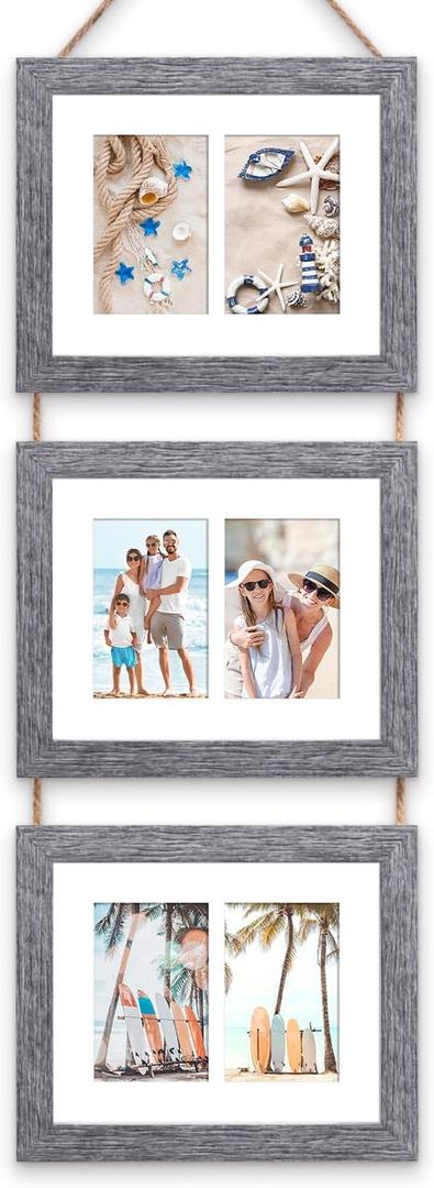 8x10 Hanging Picture Frames with 6 Openings 4x6 Pictures, HD Real Glass 8x10 Wall Hanging Collage frames with Mat, Hemp Rope Multiple Photo Frames for Wall Decor (Grey, 1 Pack)
