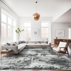 RUUGME 9X12 Abstract Area Rug:Large Washable Living Room Rug Indoor Non Slip Low Pile Carpet for Bedroom Soft Foldable Stain Resistant Distressed Thin Rug for Dining Room Kitchen 9X12 Black A
