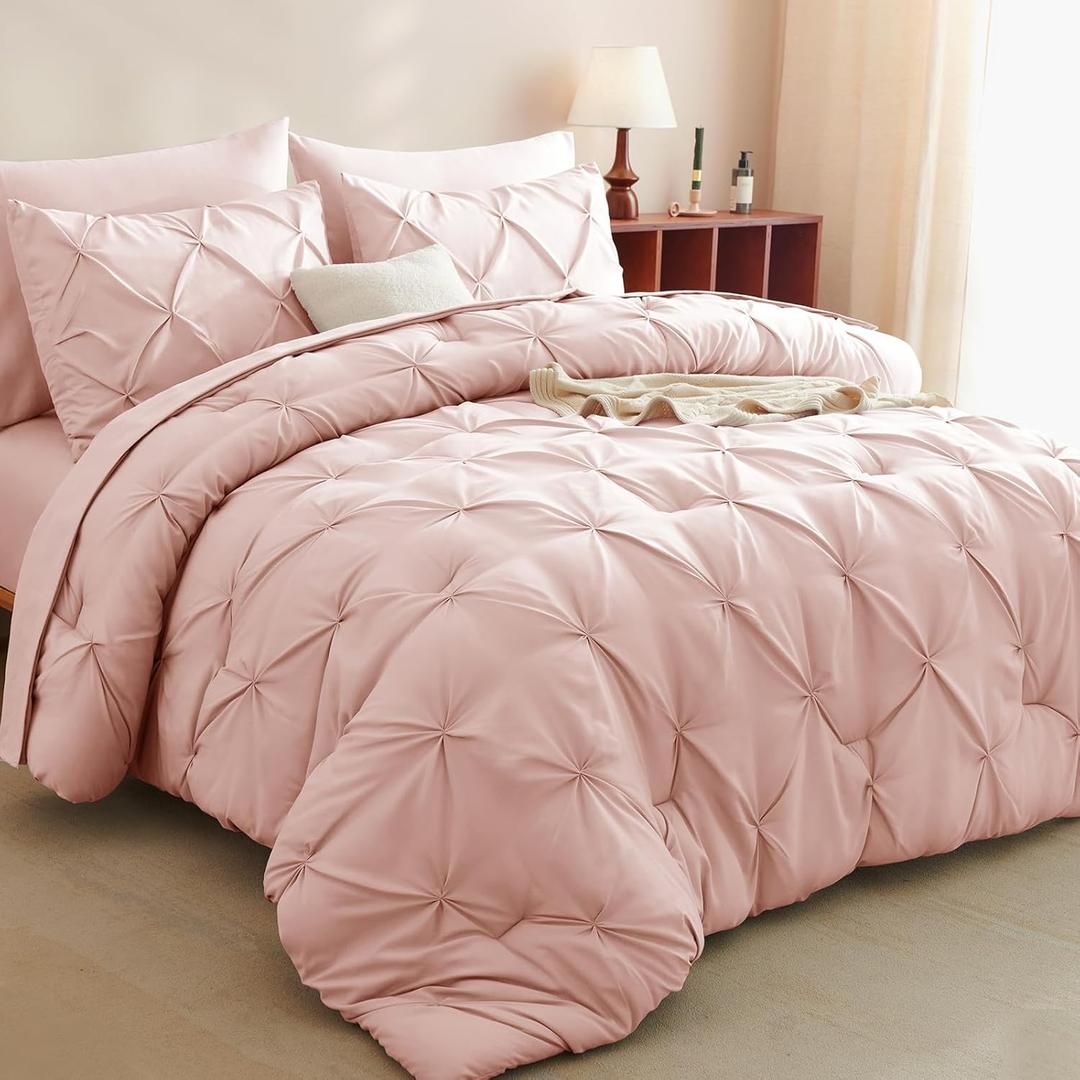 CozyLux Queen Comforter Set Peach Pink, 7 Pieces Pintuck Bed in A Bag, Premium Pink Comforter Queen Size, Pinch Pleat Bedding Sets with Comforter, Sheets, Pillowcases & Shams