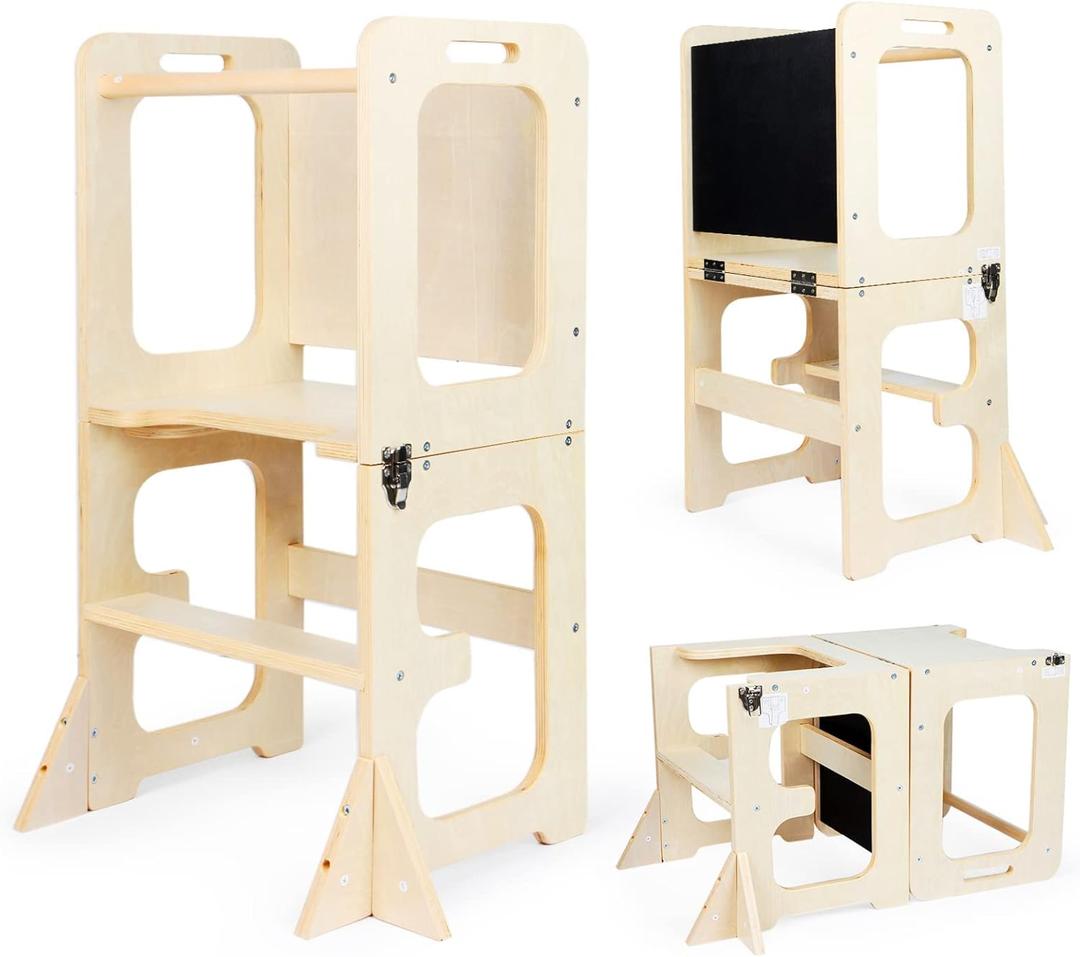 Asweets 4 in 1 Toddler Learning Standing Tower, Toddler Step Stool Table Combo, Wooden Kitchen Step Stool for Toddlers with Chalkboard, Anti-Slip Protection, Ideal Helping Tower for Toddlers