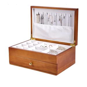 EURIELK Wooden Jewelry Box with Drawer, Medium Size Real Natural Solid Wood, 2Layer Vintage Organizer with Earring Storage, Ring Compartments, Necklace Hooks