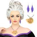morvally Short Gray White Undersea Witch Costume Wigs with Shell Necklace and Earrings for Women Cosplay Halloween Party (White)