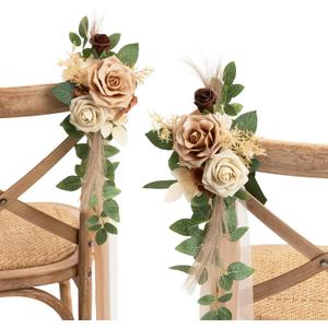 Ling's moment 8 Wedding Artificial Aisle Pew Flowers Chair Decorations Arrangements with Chiffon Ribbons Begie for Ceremony Reception Chair Back Floral Decor Reception Church Party Outdoor