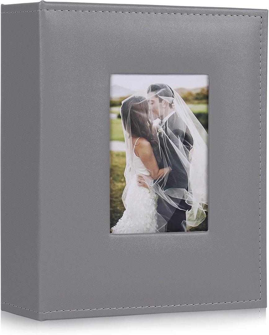RECUTMS Photo Albums 4x6 Photos 200 Pocket Black Pages PU Leather Slip In Photo Picture Small Album For Family Anniversary Wedding Memo Slot Children Holiday AlbumGrey
