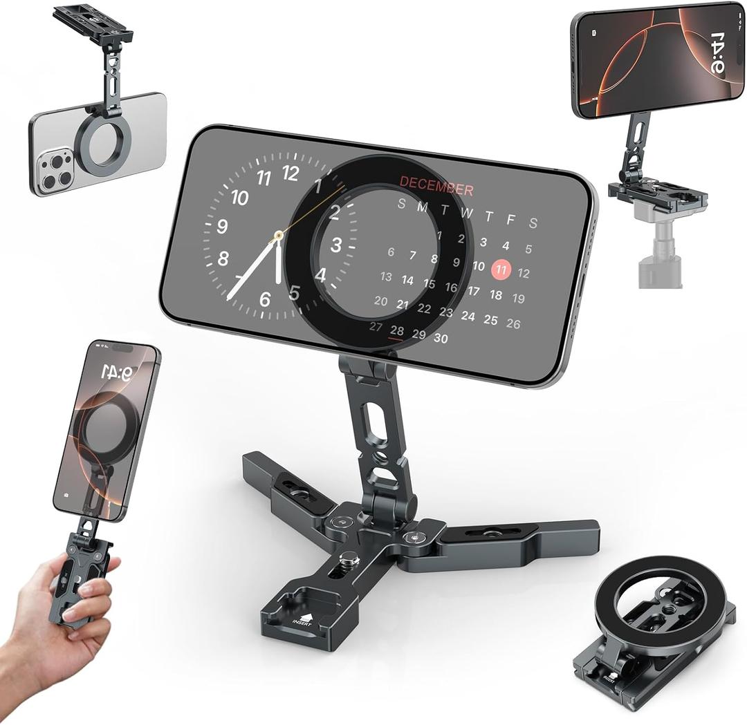 Magnetic Phone Tripod Stand, Foldable Cell Phone Holder for Magsafe with Arca-Swiss,1/4'' Screw Hole, Cold Shoe Mount, Pocket Mini Aluminum Selfie Stick Tripod Mount for iPhone/Android, Desk, Travel