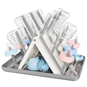 Large Baby Bottle Drying Rack, Space Saving 18 Hooks Slope Travel Bottle Dryer with Removable Drip Tray, Countertop Holder Organizer for Bottles & Baby Brushes Pacifiers and Pump Part-BPA Free