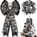 Skull Gothic Decor,Halloween Bows for Wreaths Decorations, Halloween Tree Topper Bow, Decorative Bow with Skull Glitter Silver Black Burlap for Fall Home Front Door Outdoor
