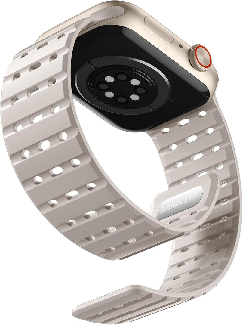 Compatible with Apple Watch Series 10 Band 46mm for Men Women 49mm/45mm/44mm/42mm(3/2/1), Rugged Silicone Sport Replacement Magnetic Strap for iWatch SE2/SE/9/8/7/6/5/4 (Starlight)