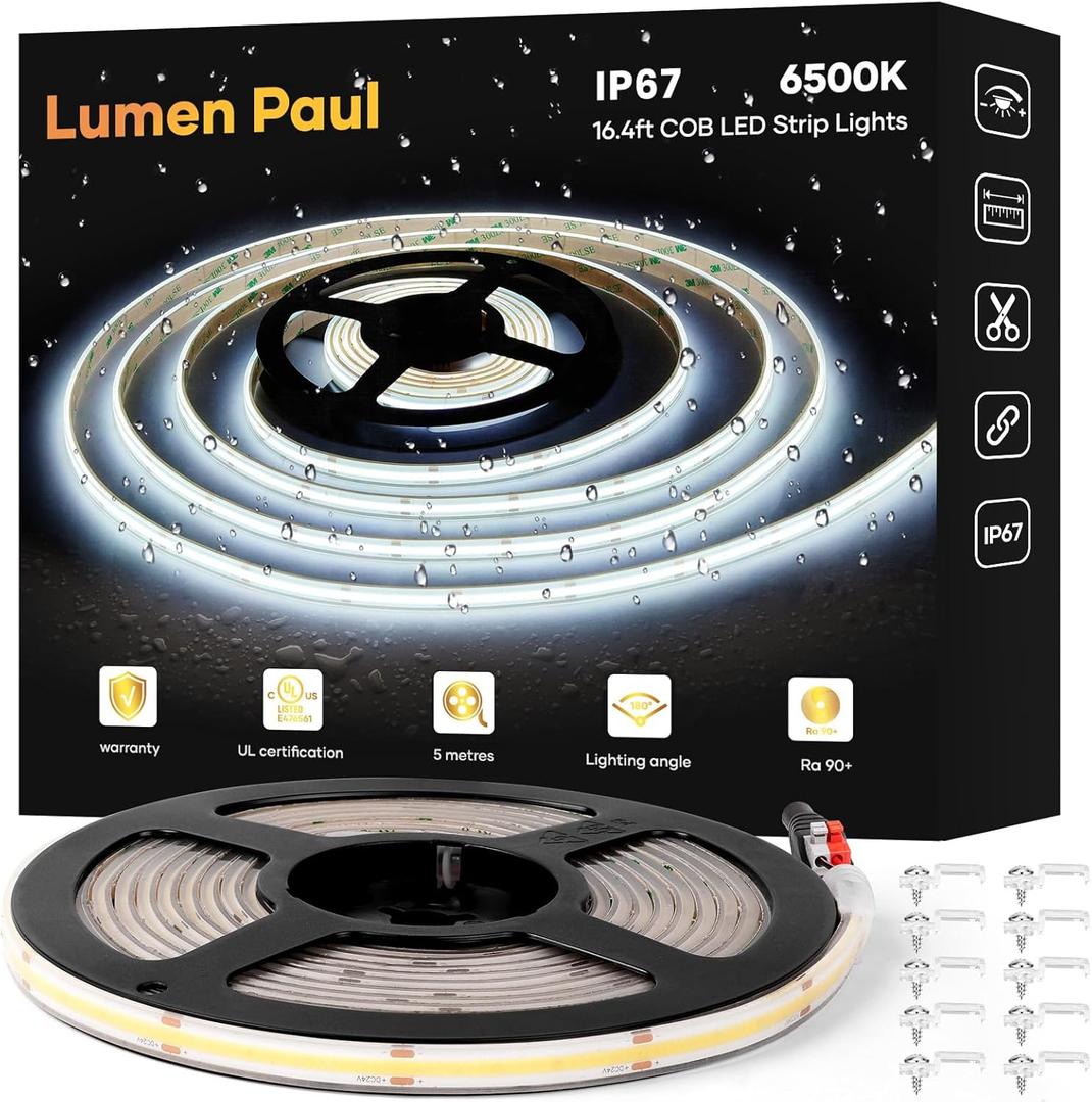 COB LED Strip Light IP67 Waterproof 16.4ft, 6500K Cool White, High Density 2400LEDs, CRI90+, Super Bright Cuttable LED Tape Lighting for Outdoor & Indoor Decorative Lighting