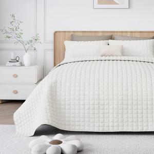 Luxury Velvet Quilt Set Queen Size, Comforter Set with Pillow Shams, Soft Lightweight Bedspread Coverlet Bedding Sets for All Seasons, Cream White (Queen (90"x96"))